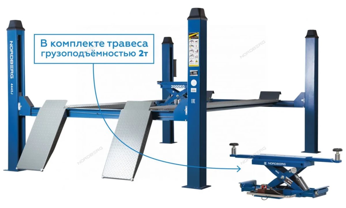 Подъемник 380V 4х стоечный 4.5т, c ручной траверсой 2т, NORDBERG 4445J (0)