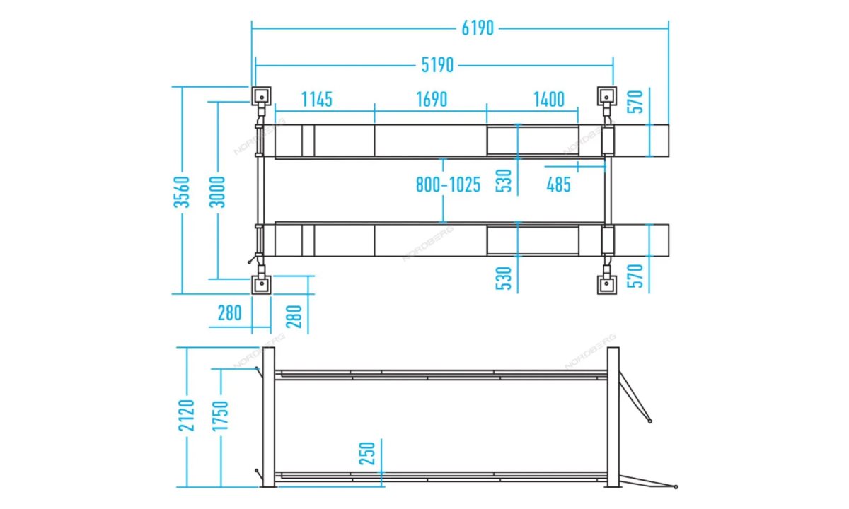  Подъемник 4х-стоечный 5т, c траверсой (от гидростанции) 3т, 380В для сход-развала (синий) NORDBERG 4450 (1)