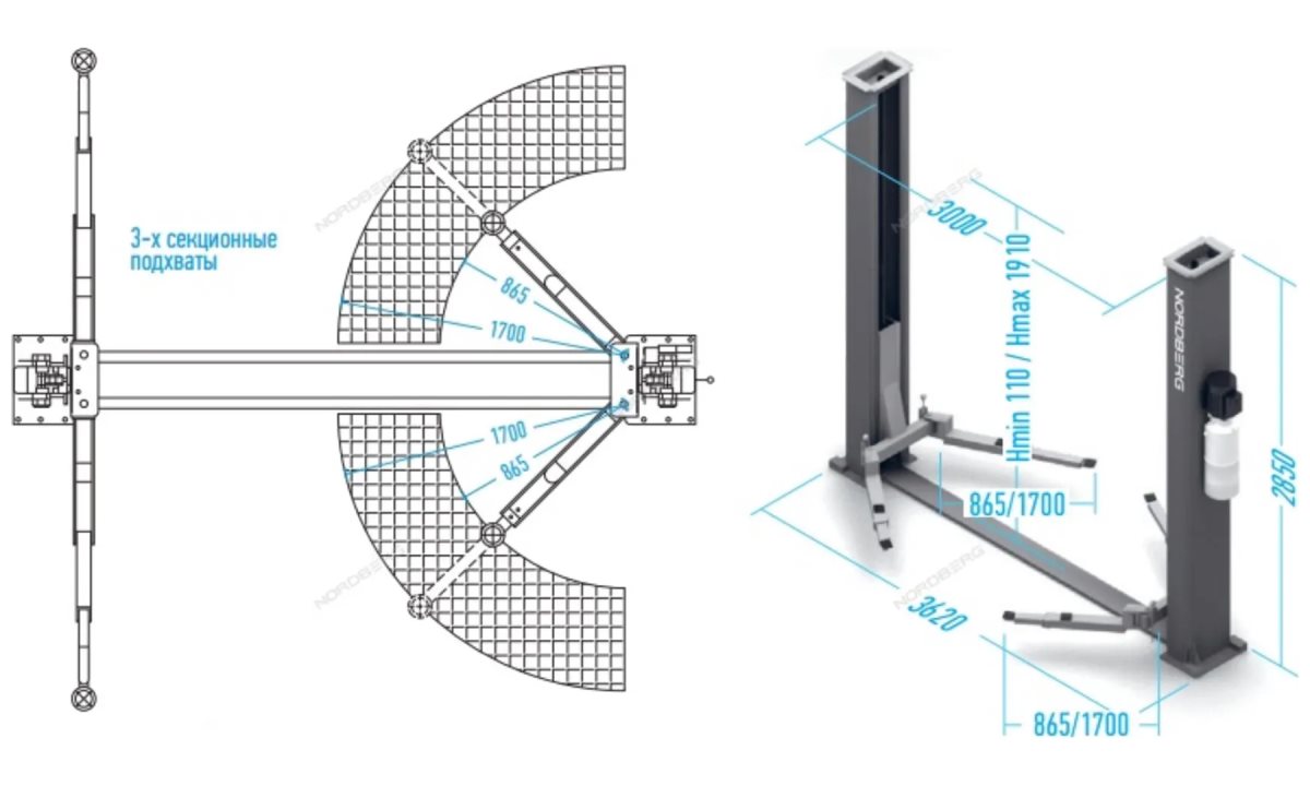  Подъемник 380V 2х стоечный 5т, с электростопорами NORDBERG N4122AE-5B (1)