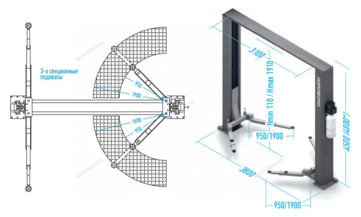  Подъемник 380V 2х стоечный 6т с верхней синхронизацией (серый) NORDBERG N4122H-6G (1)