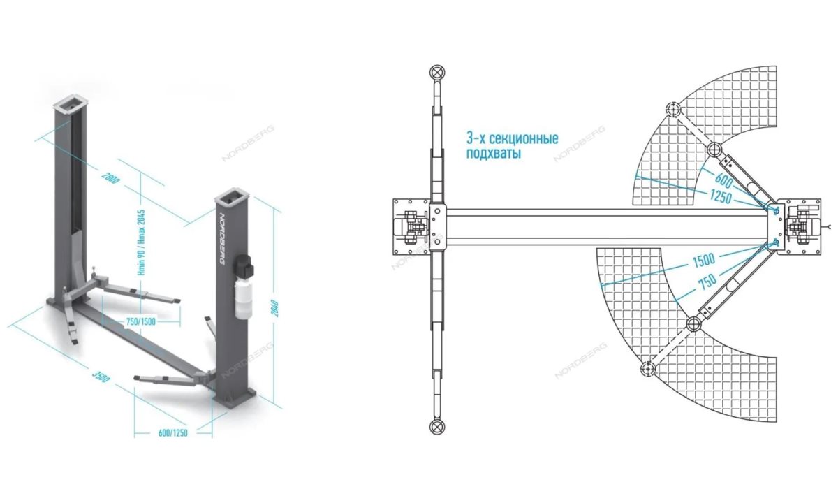  Подъемник 380V 2х стоечный 4,5т (серый) NORDBERG N4125-4,5T (1)
