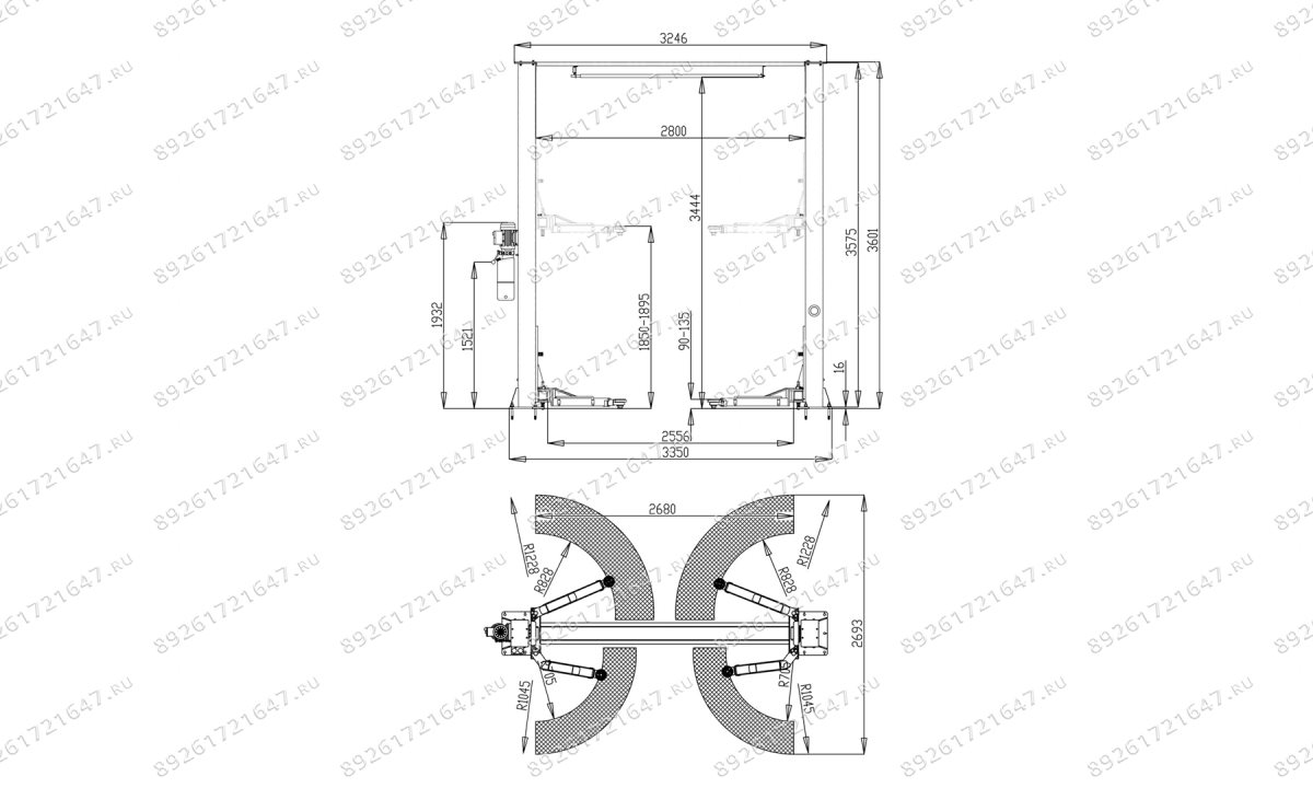  Автоподъемник двухстоечный ROSSVIK V2-4LB г/п 4.0т, 380В, с верхней синхронизацией. Цвет серый. (0)