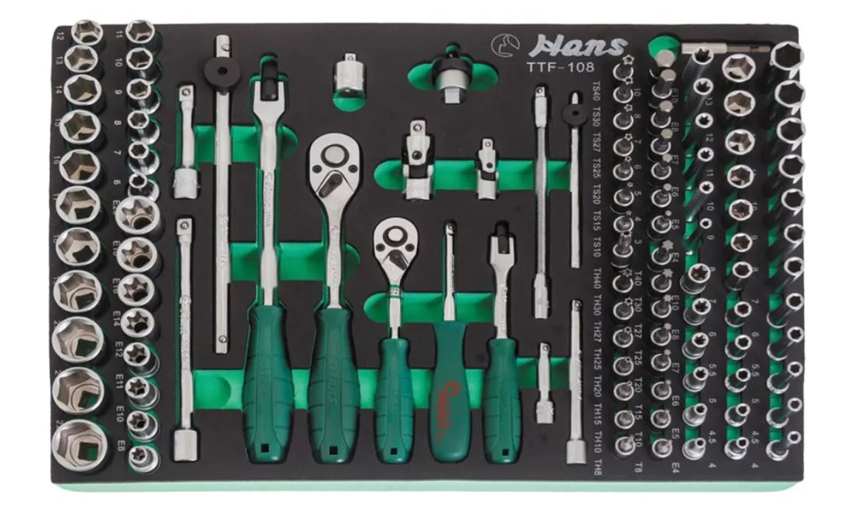  Набор трещоток, бит, торцевых головок и аксессуаров Hans на 1/4, 3/8, TTF-108 (0)