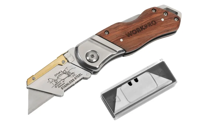 Нож универсальный складной со сменными лезвиями и деревянной рукояткой WP211014 WORKPRO фото