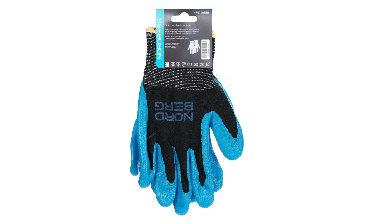  Перчатки маслобензостойкие, черная основа/ синее покрытие NORDBERG NPG1508BB (1)