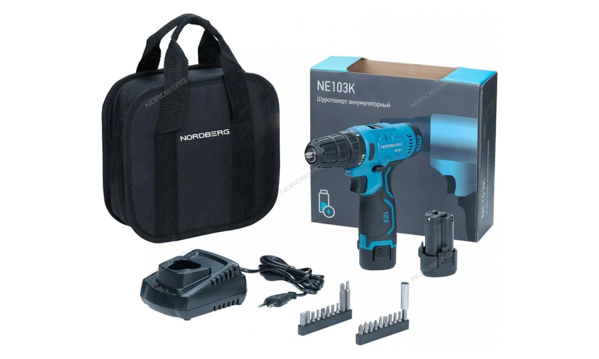  Шуруповерт аккумуляторный макс Ø сверла 10мм, 12В, 30Нм с 2 аккумуляторами и зарядным устройством NE103K+NE9012 (0)