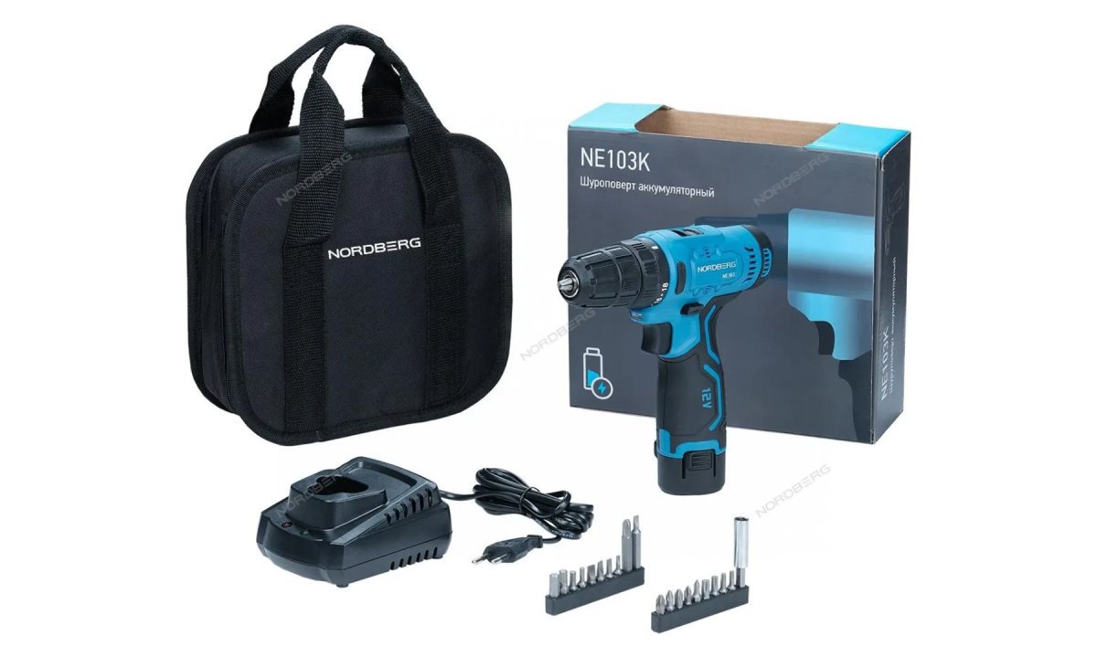  Шуруповерт аккумуляторный макс диам. сверла 10мм, 12В, 30Нм с акк. и зар. уст-вом NORDBERG NE103K (0)