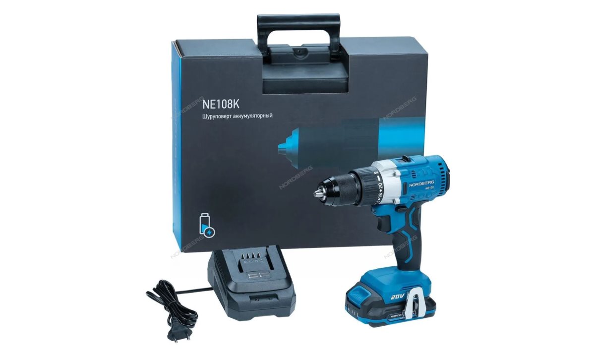  Шуруповерт аккумуляторный макс диам. сверла 13мм, 20В, 80Нм с акк. и зар. уст-вом NORDBERG NE108K (0)