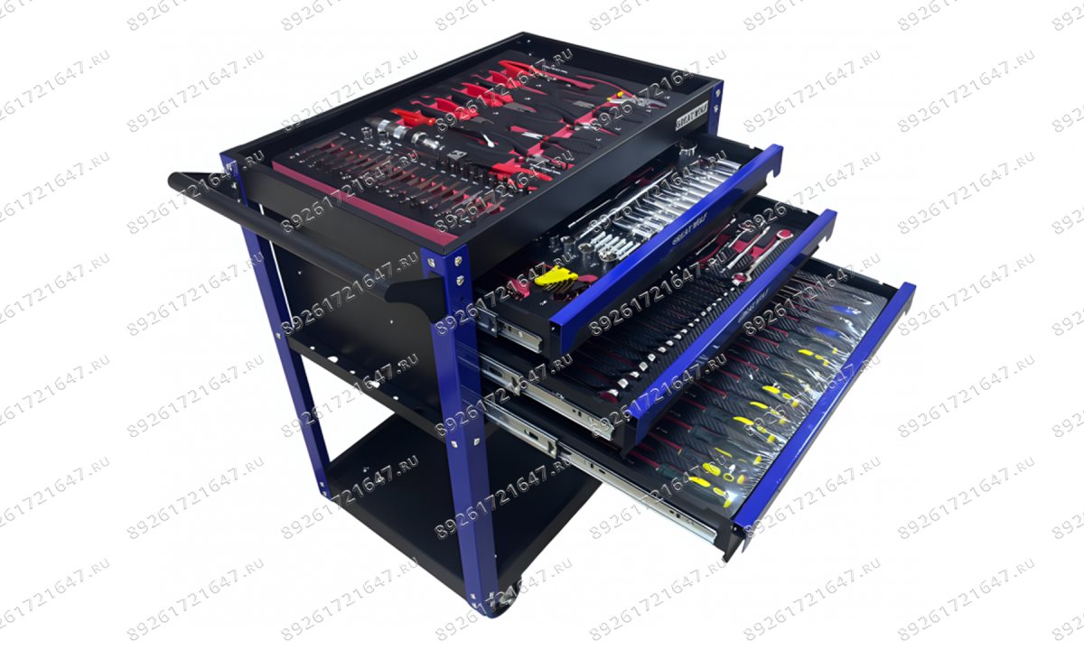  Инструментальная тележка с инструментом GW-3ST1 Blue (Great Wolf, 249 поз) с полкой и тремя ящиками (1)