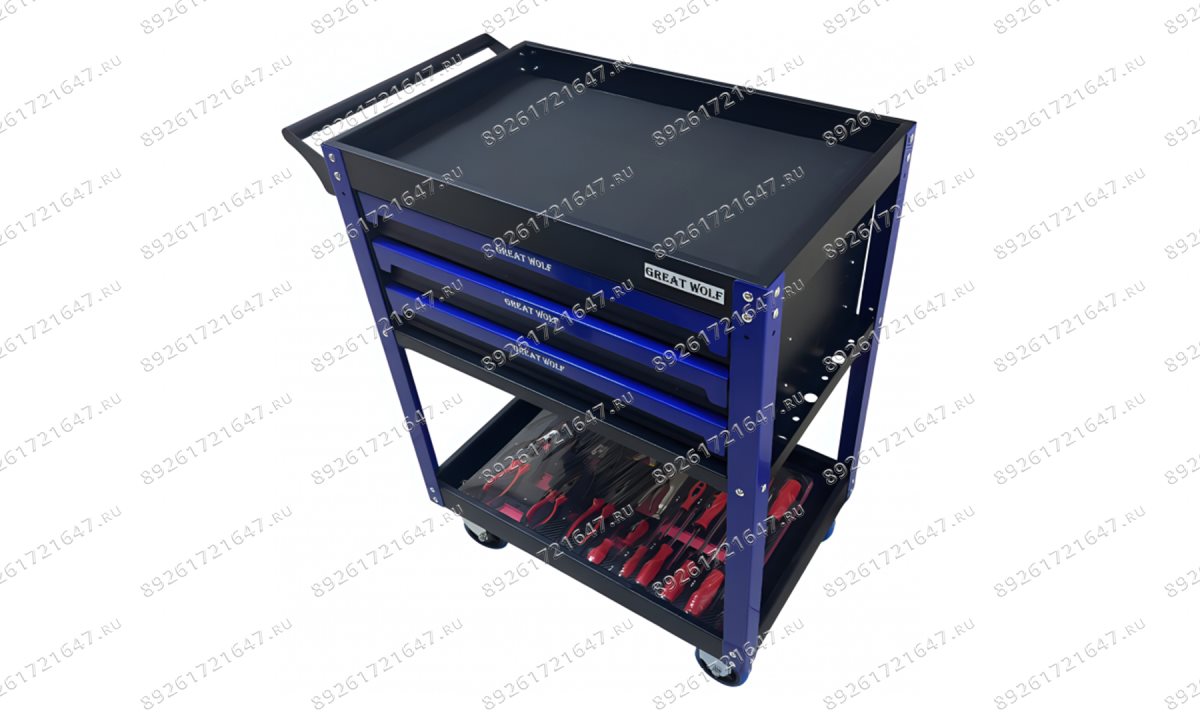  Инструментальная тележка с инструментом GW-3ST2 Blue (Great Wolf, 324 поз) с полкой и тремя ящиками (1)