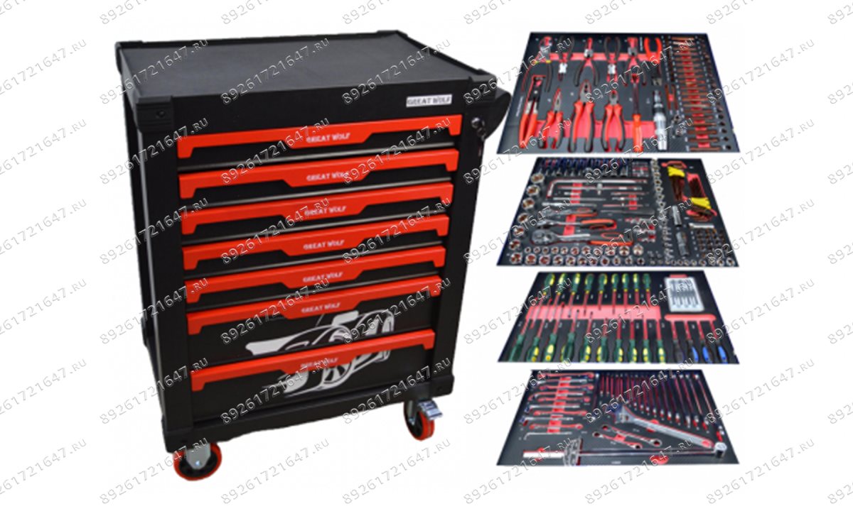  Инструментальная тележка с инструментом GW-7ST1 Black (Great Wolf, 249поз), 7 ящиков, увеличенные колеса с тормозом, ЦЗ, усиленная (0)