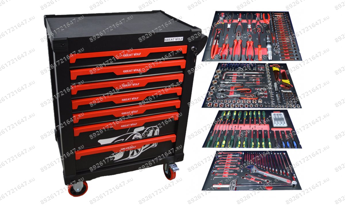  Инструментальная тележка с инструментом GW-7ST1 Black (Great Wolf, 249поз), 7 ящиков, увеличенные колеса с тормозом, ЦЗ, усиленная (1)