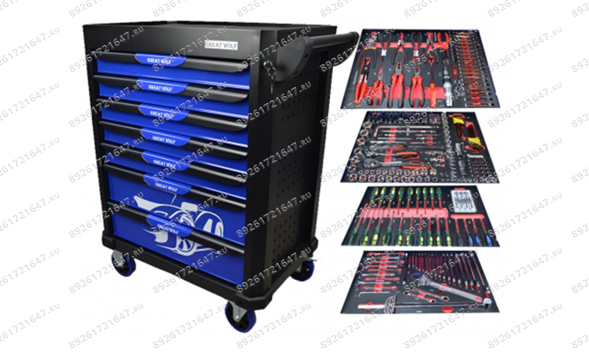  Инструментальная тележка с инструментом GW-7ST1 Blue (Great Wolf, 249поз), 7 ящиков, увеличенные колеса с тормозом, ЦЗ (0)