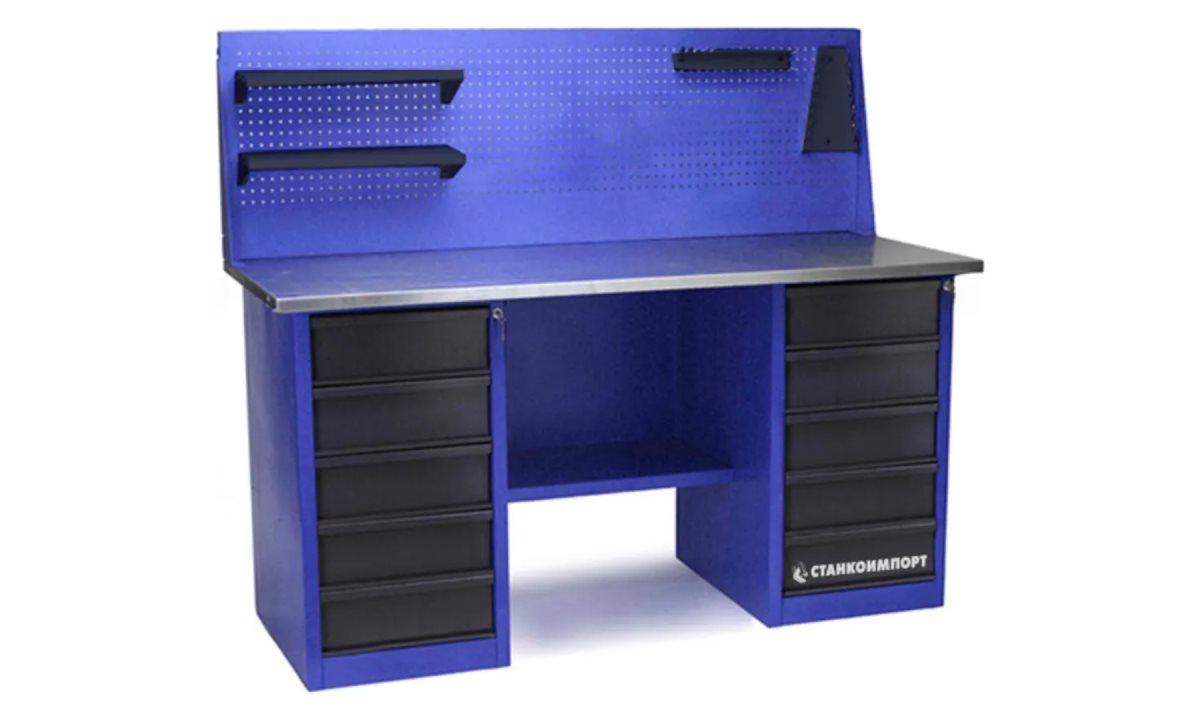  Стол для слесарных работ 1600 мм 2 тумбы с 5- ю ящиками с экраном (0)