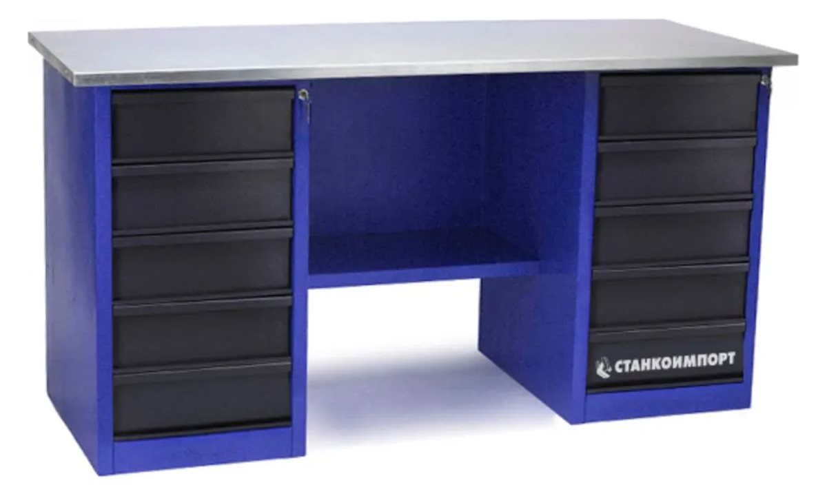  Стол для слесарных работ 1600 мм 2 тумбы с 5- ю ящиками без экрана (0)