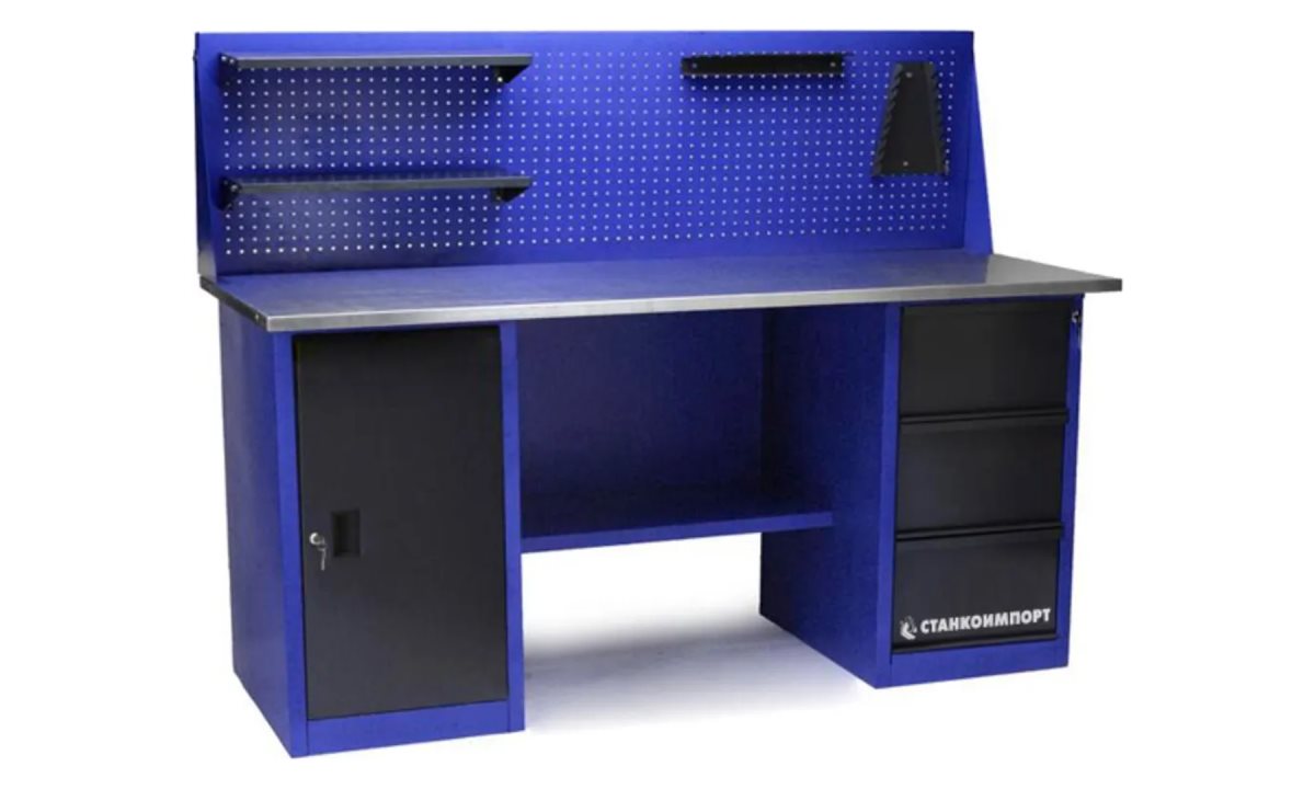  Стол для слесарных работ 1600 мм 2 тумбы (тумба с дверью, тумба с 3-мя ящиками) с экраном (0)