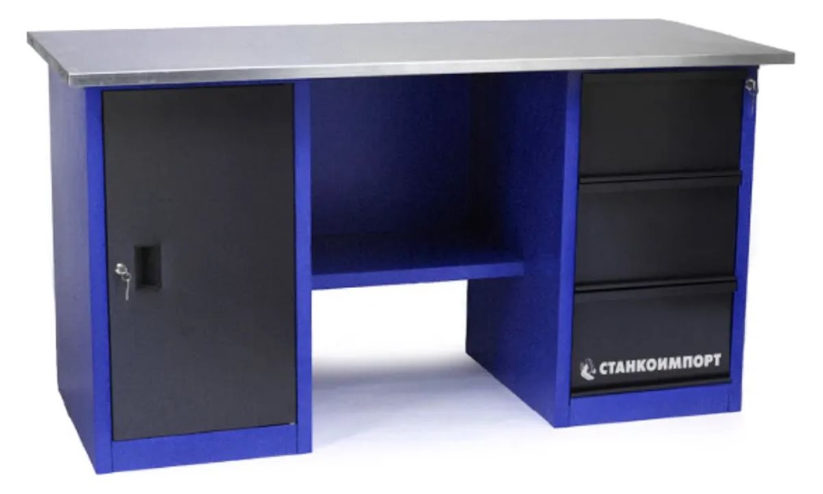  Стол для слесарных работ 1600 мм 2 тумбы (тумба с дверью, тумба с 3-мя ящиками) без экрана (0)