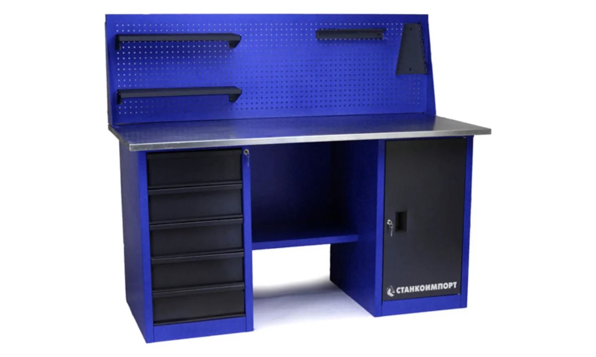  Стол для слесарных работ 1600 мм 2 тумбы (тумба с дверью, тумба с 5-ю ящиками) с экраном (0)