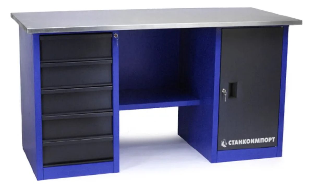  Стол для слесарных работ 1600 мм 2 тумбы (тумба с дверью, тумба с 5-ю ящиками) без экрана (0)