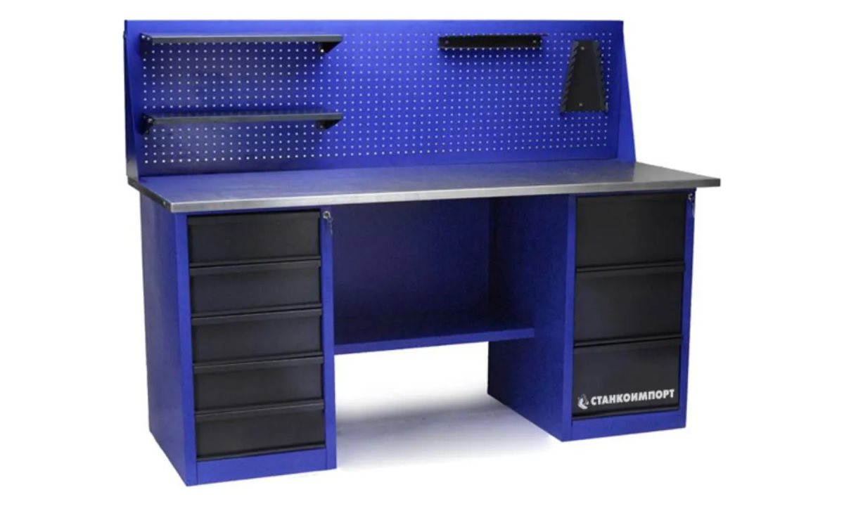  Стол для слесарных работ 1800 мм 2 тумбы (тумба с 3-мя ящиками, тумба с 5-ю ящиками) с экраном (0)