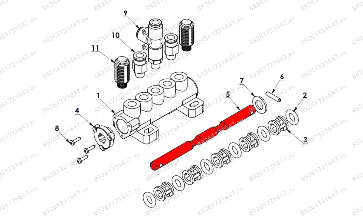  Шток пневмораспределителя пятиходового правого V521, V624, V626, V626IT, V730 (0)